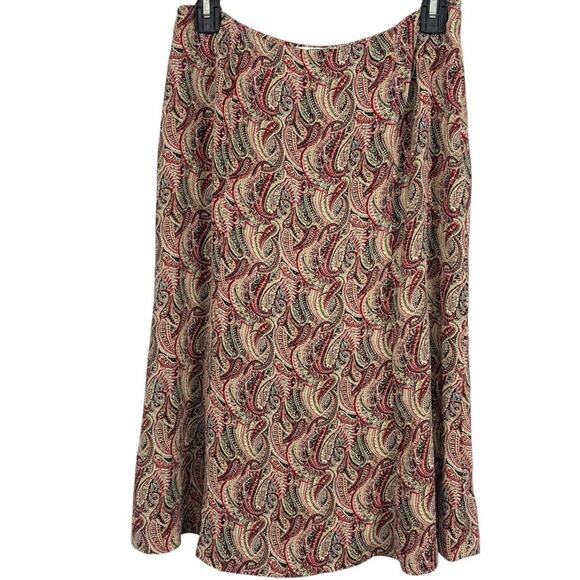 Talbots Petite Pure Silk Paisley Midi A-Line Red Beige Skirt Side Zip sz 10P - Picture 1 of 16